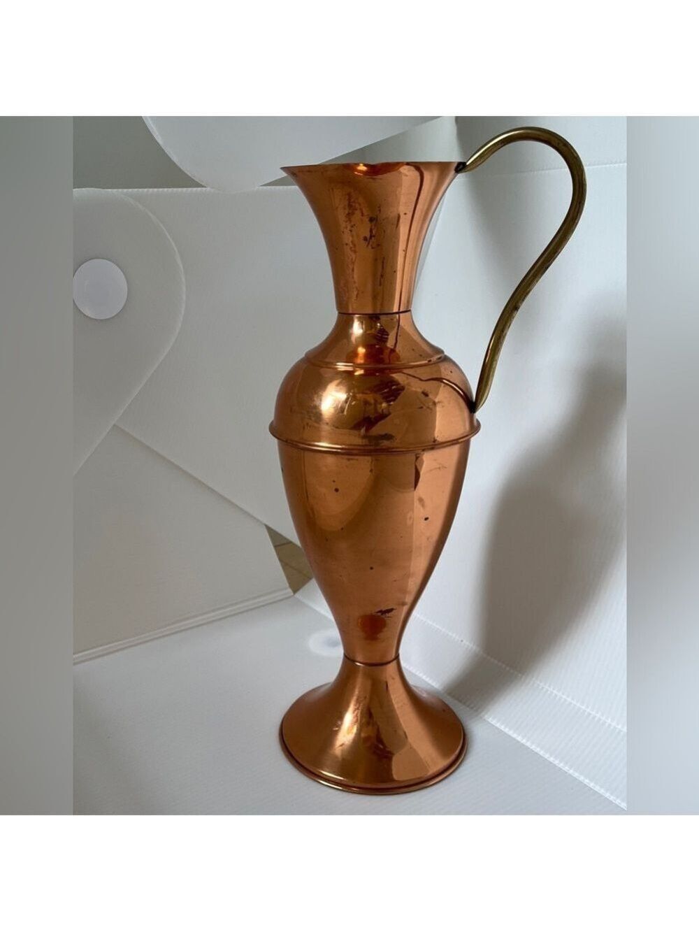 VINTAGE Copper Tall Classic Jug Vase Ewer Brass Handle Mid Century Decor Patina
